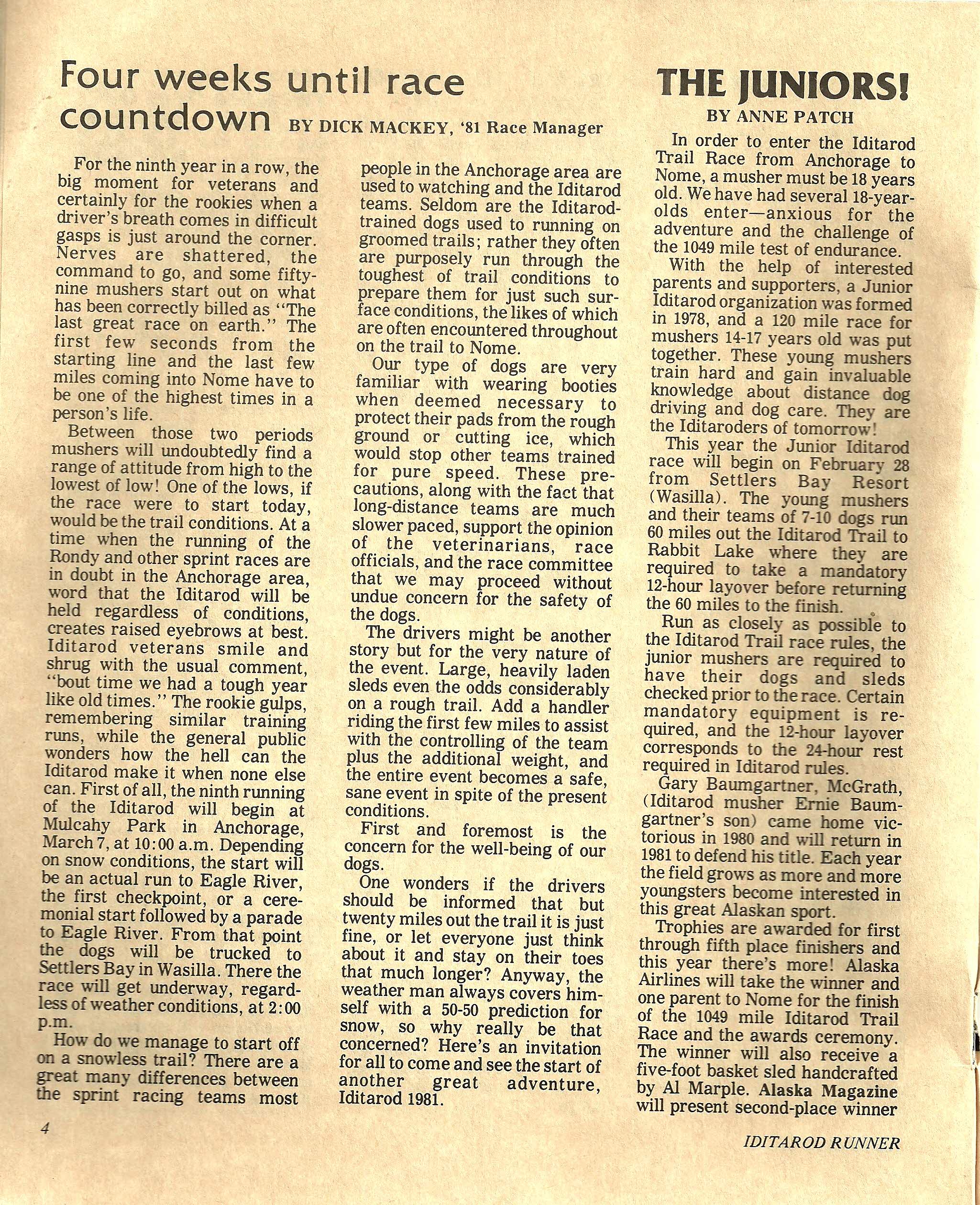 Jr. Iditarod Article, Pages 4 and 5 from the 1981 February Runner 